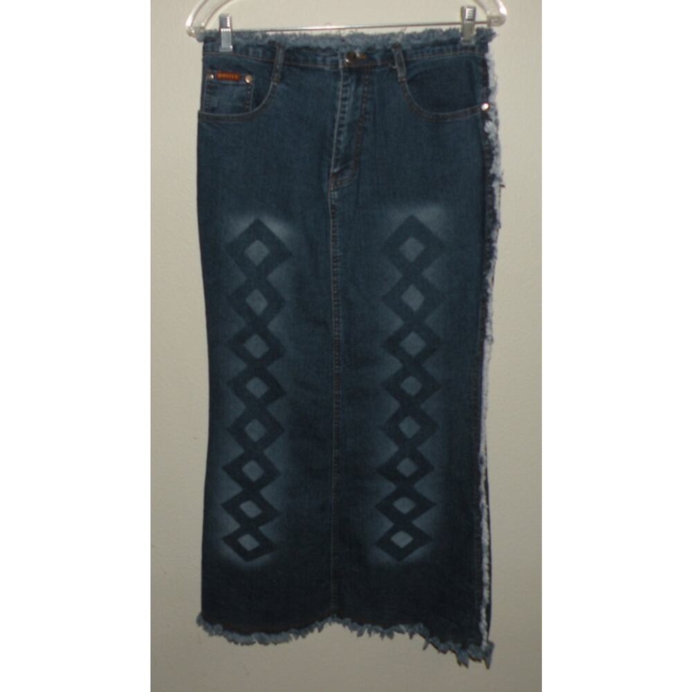 Vtg Y2K Bosiyu Women's 28/Med Deconstructed Denim Maxi Skirt Diamond Stenciling